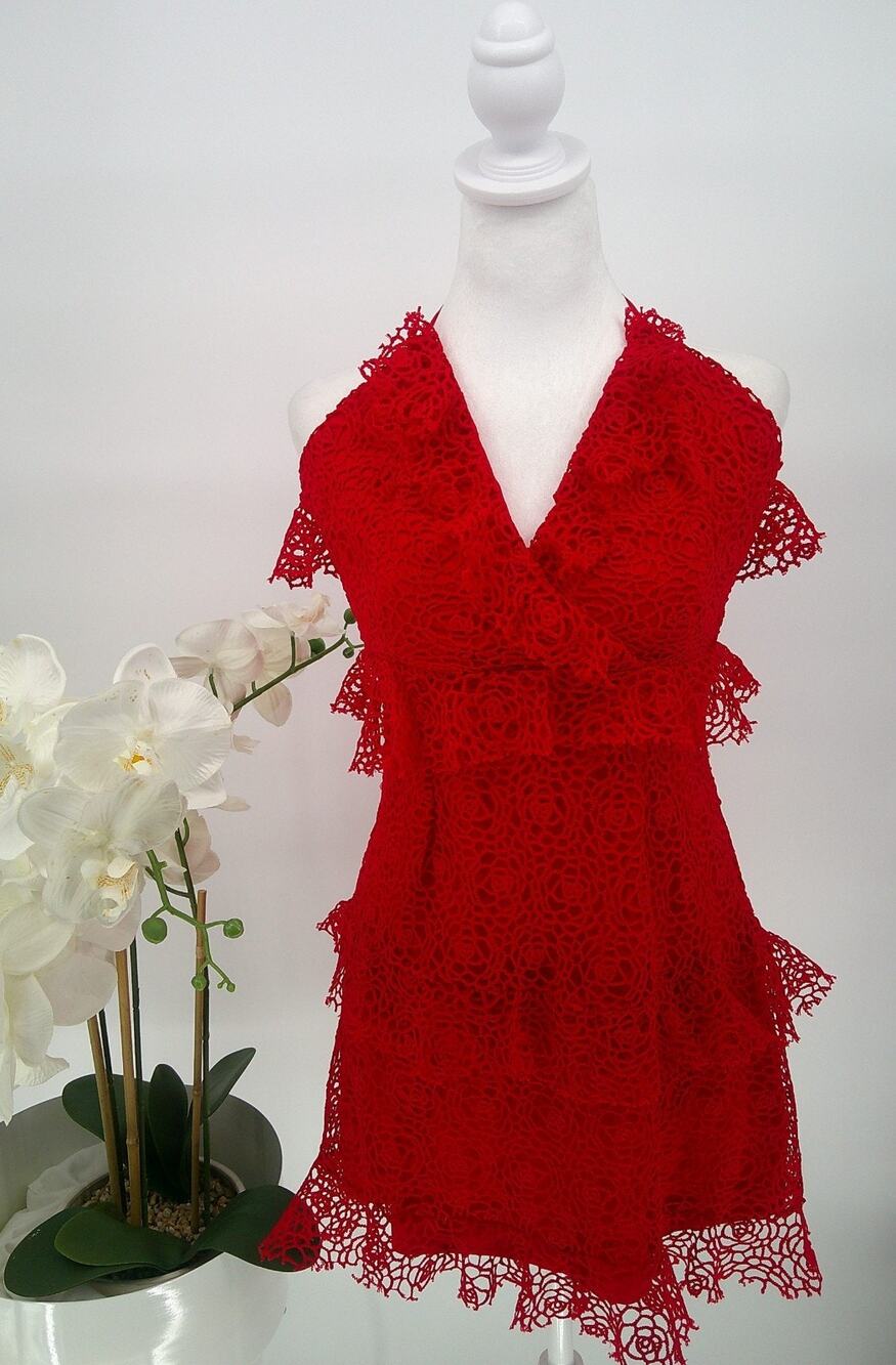 Selfie Leslie Womens Red Floral Crochet Ruffle Lined Fairy Mini Dress Size M